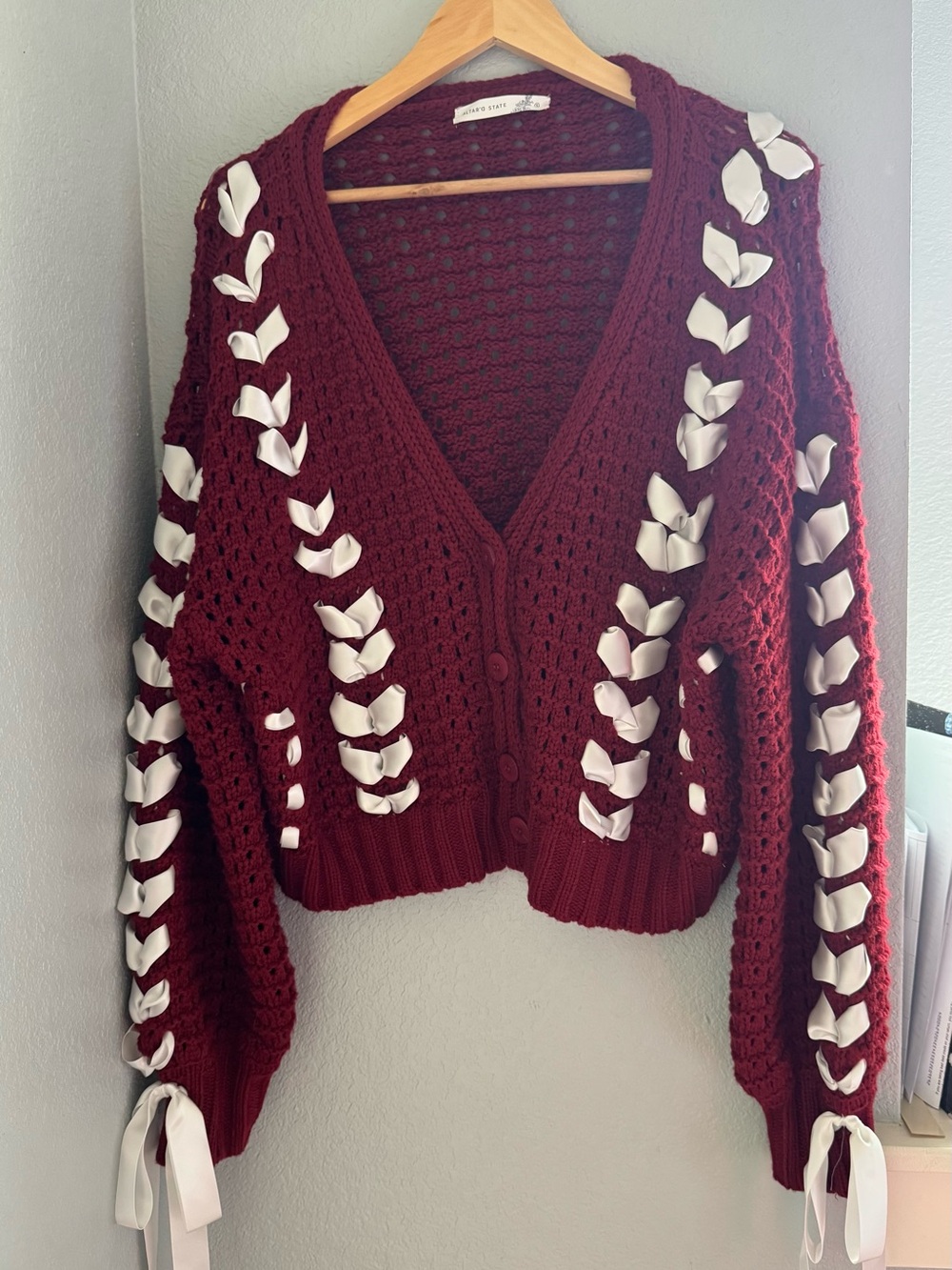 Alter’d State Chunky Dark Red Ribbon-Detail Women's Cardigan Sweater